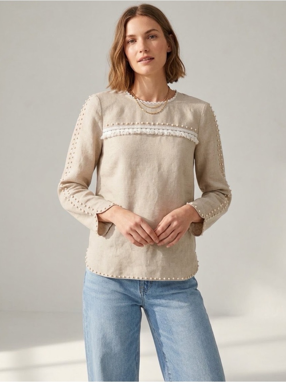 J. Crew Size 2 100% Linen Embroidered Fringe Top Round Neck Neutral Pom Pom XS
